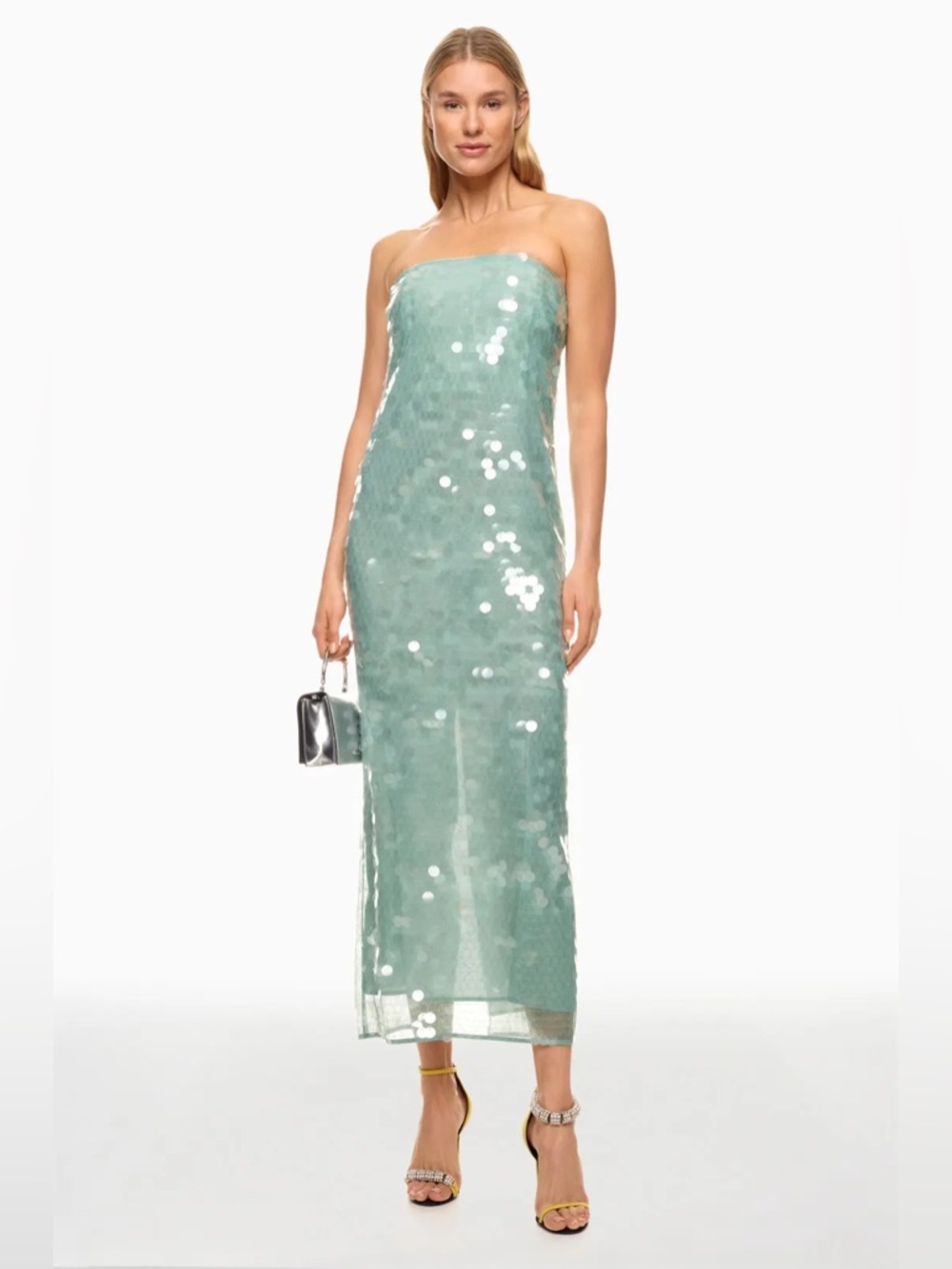 Staud green sequin Casey strapless maxi dress